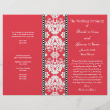 Programa blanco rojo del boda del damasco tarjeta publicitaria