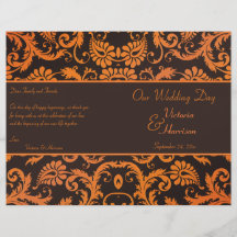 Programa del boda del damasco de Brown y del naran Tarjeton