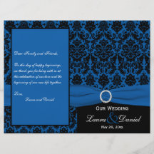 Programa del boda del damasco del azul y del negro flyer personalizado