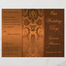 Programa del boda del damasco del cobre y de Brown Tarjetón