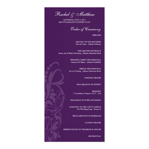 Programa floral púrpura del boda lonas personalizadas