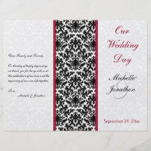 Programa negro, blanco, y rojo del boda del damasc tarjeta publicitaria