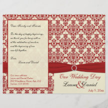 Programa poner crema y rojo del boda del damasco tarjetón
