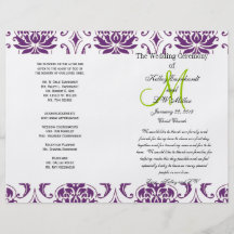 Programa púrpura del boda del damasco tarjetas publicitarias