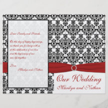 Programa rojo, blanco, y negro del boda del damasc tarjetón