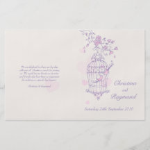Programa rosado púrpura del boda de los pájaros de tarjetas informativas