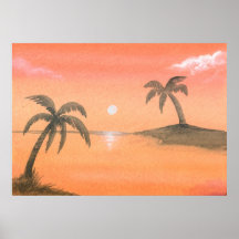 Puesta del sol anaranjada pintada poster