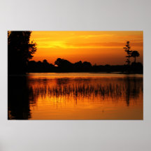 Puesta del sol de oro detrás de un lago poster