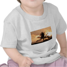 Puesta del sol tropical de oro y palmera camisetas