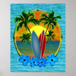 Puesta del sol y tablas hawaianas poster