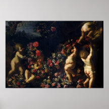 Putti que juega con las guirnaldas de flores poster