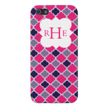 Quatrefoil rosado y púrpura con el monograma de en iPhone 5 funda