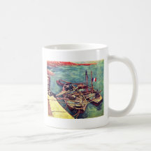 Quay con los hombres que descargan las gabarras de tazas de café