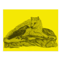 Rabe mit Wolf schwarz gelb Design Postkarten