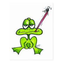 Rana del dibujo animado que come una mosca postal