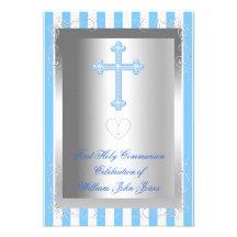 Raya azul de la primera plata de la comunión santa invitacion personalizada