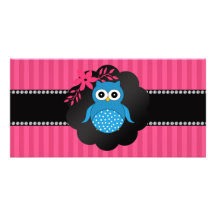 Rayas azules de lujo del rosa del búho tarjetas fotograficas personalizadas