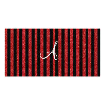 Rayas rojas del brillo del monograma tarjetas fotograficas personalizadas
