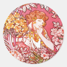 Redhead entre las flores, Alfonso Mucha Pegatina