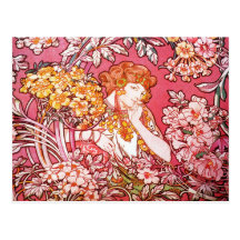 Redhead entre las flores, Alfonso Mucha Tarjetas Postales