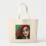redhead sonriente con el gato negro bolsas