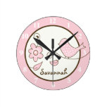 Reloj de pared (rosado) del pájaro del flor - añad reloj de pared