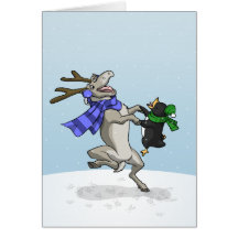 Reno y pingüino en la nieve tarjeta