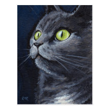 Retrato de ojos verdes del gato del gris azul de S Tarjetas Postales