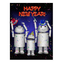 ¡Robo-x9 y la familia celebran el Año Nuevo! Tarjeta Postal