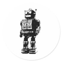 Robot blanco y negro del vintage etiqueta