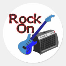 Roca en la guitarra y el amperio etiquetas redondas