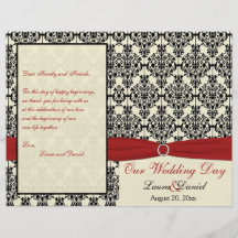 Rojo, marfil, y programa negro del boda del damasc flyer personalizado
