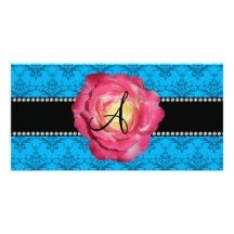 Rosa azul del damasco del monograma subió tarjetas fotográficas personalizadas