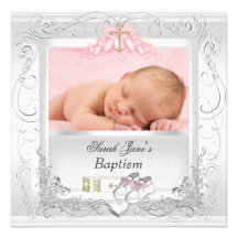 Rosa blanco del bautismo del bautizo de la niña invitacion personalizada