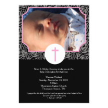 Rosa/foto gris/negra del esmero 5x7 del bebé del b invitación personalizada