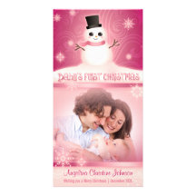 Rosa lindo del muñeco de nieve del primer navidad  tarjetas personales con fotos