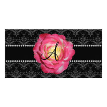 Rosa negro del damasco del monograma subió tarjeta fotografica personalizada