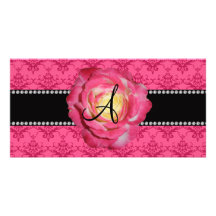 Rosa rosado del damasco del monograma subió tarjetas personales con fotos