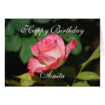 Rosa rosado y blanco del feliz cumpleaños de Anita Felicitacion
