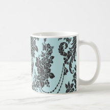 rosas de damasco azules claros y negros taza