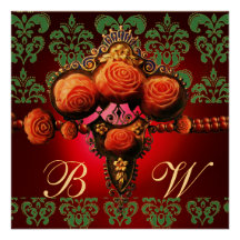 ROSAS DEL CORAL ROJO DEL ORO, MONOGRAMA DEL DAMASC INVITACIONES PERSONALIZADA
