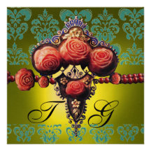 ROSAS DEL CORAL ROJO, MONOGRAMA AMARILLO VERDE NEG INVITACIONES PERSONALES 