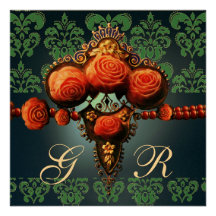 ROSAS DEL CORAL ROJO, MONOGRAMA AZUL DEL DAMASCO D INVITACIÓN PERSONALIZADA