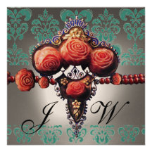 ROSAS DEL CORAL ROJO, MONOGRAMA BLANCO VERDE NEGRO INVITACIÓN PERSONALIZADA