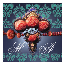 ROSAS DEL CORAL ROJO, MONOGRAMA DEL DAMASCO DEL NE COMUNICADO PERSONALIZADO