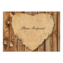 Rsvp hecho andrajos madera del corazón del pergami comunicados personalizados