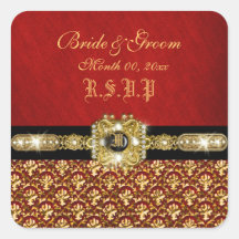 Rsvp rojo del oro del "del negro elegante damasco" calcomanía cuadrada