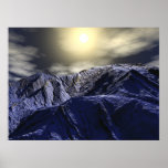 Salida del sol azul de la montaña poster
