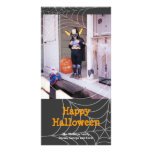 Saludo anaranjado de Halloween de araña del negro  Tarjeta Fotográfica