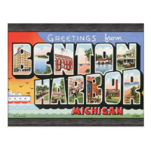 Saludos de Benton Karbor Michigan, vintage Tarjeta Postal